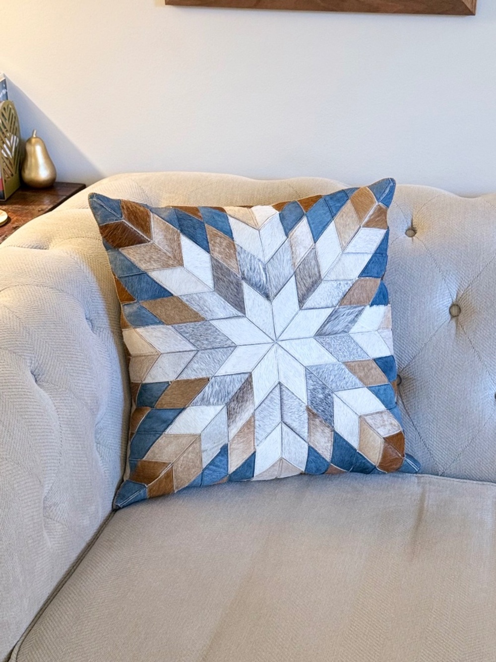 Genuine Cowhide Patchwork Star Throw Pillow | 20x20 | Feather Blend Insert